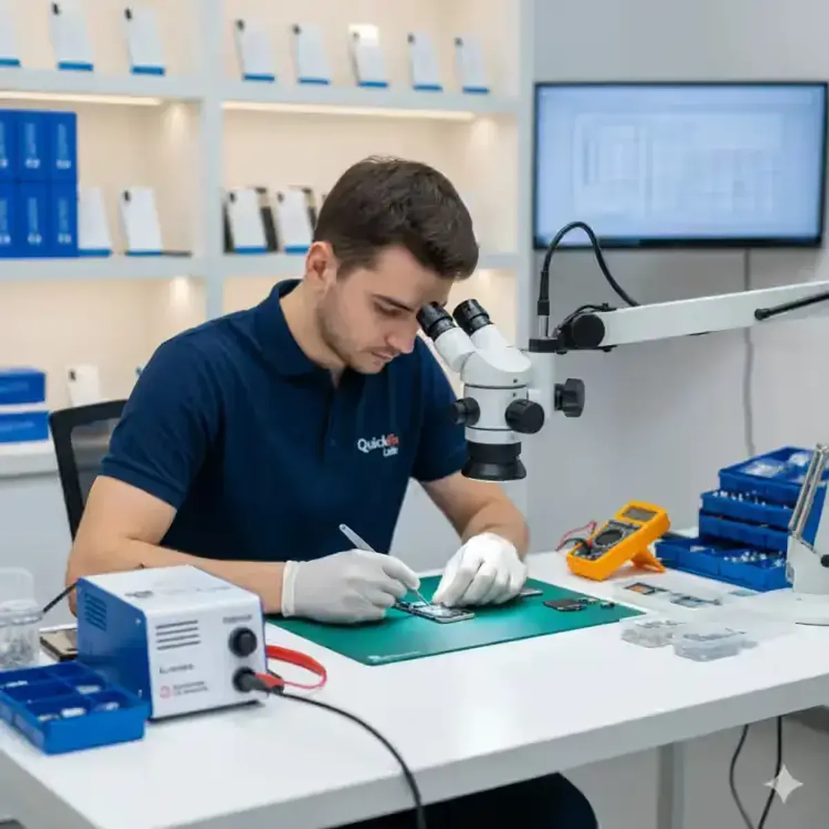 Tehnician reparand un smartphone modern cu unelte de precizie